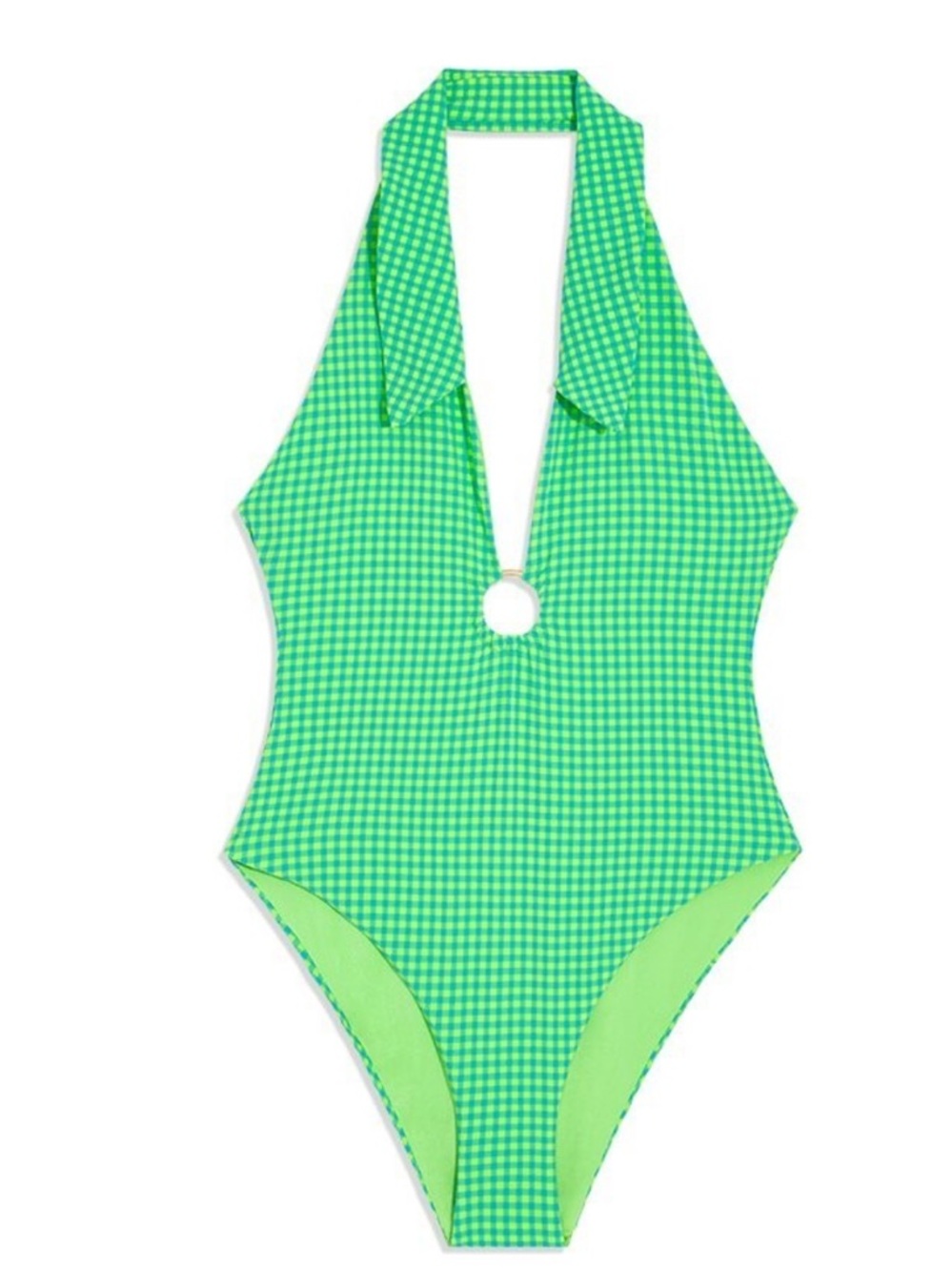 WeWoreWhat Green Gingham Collard Halter One-Piece Swimsuit